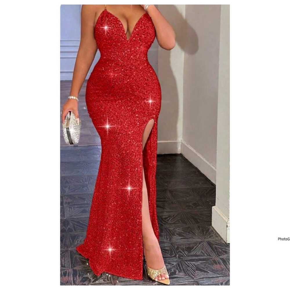 Red Sequin V-Neck Evening Gown with Thigh Slit